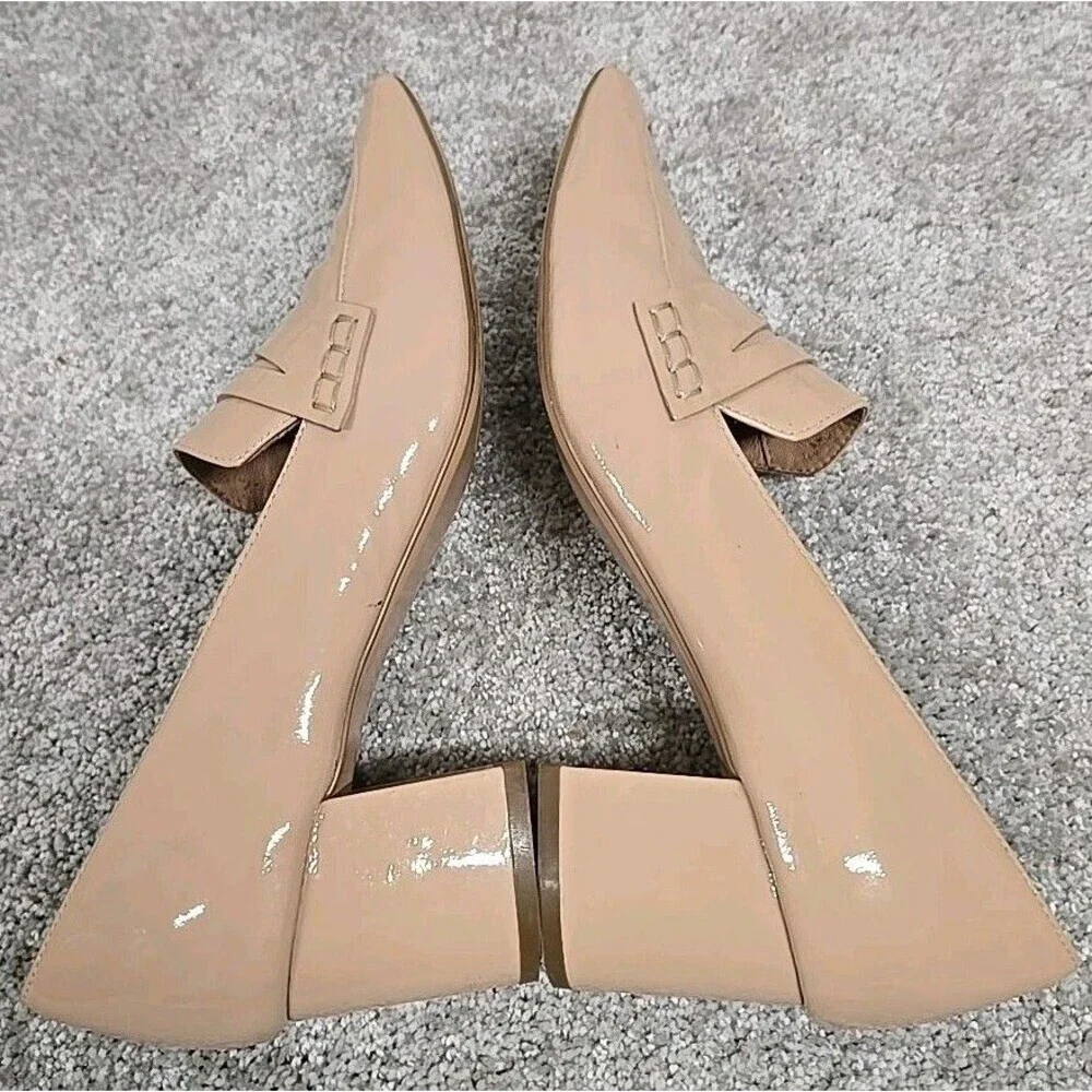 Halogen Loafers Heels Pointed Toe Slip On shoes Shiny Leather Beige Women's‎ 7.5